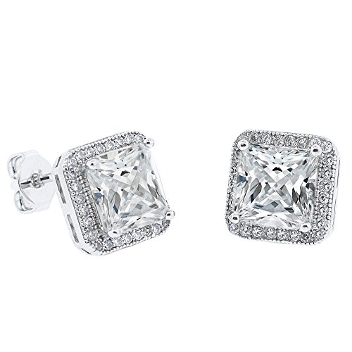 Product Cover Cate & Chloe Norah 18k White Gold Princess Cut CZ Halo Stud Earrings, Sparkling Cluster Silver Stud Earring Set w/Solitaire Round Cut Diamond Crystals, Wedding Anniversary Jewelry