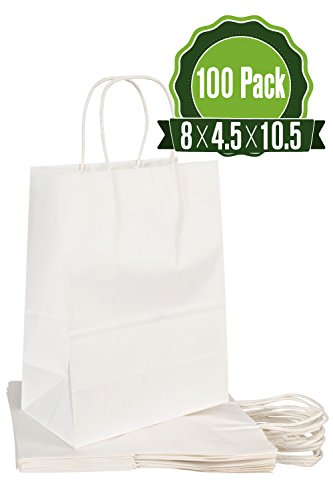 Product Cover 8 X 4.5 X 10.5 White Kraft Paper Gift Bags Bulk with Handles [100Pc]. Ideal for Shopping, Packaging, Retail, Party, Craft, Gifts, Wedding, Recycled, Business, Goody and Merchandise Bag (Twist Handles)