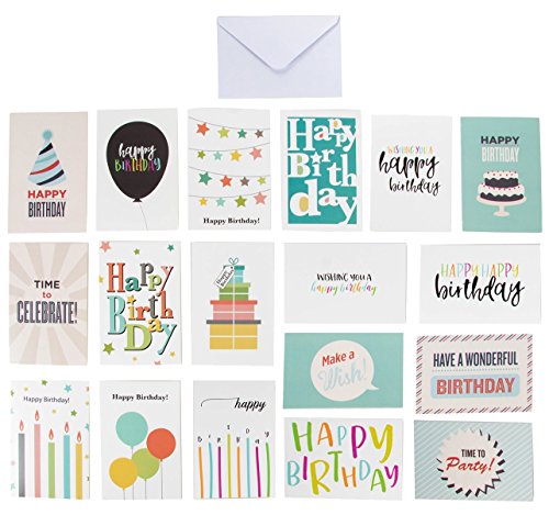 Product Cover 144-Pack Happy Birthday Cards - Includes 18 Colorful Designs with Party Hats, Balloons, Gift Boxes, Birthday Cake and Stars, 8 of Each, Bulk Box Set Variety Pack with Envelopes Included, 4 x 6 Inches