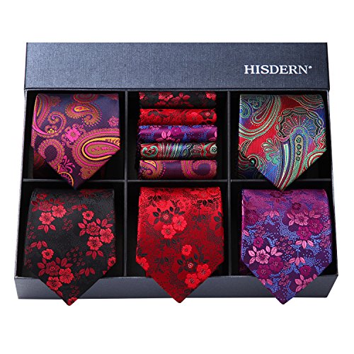 Product Cover HISDERN Men's Necktie Collections, Lot 5 PCS Classic Men's Silk Tie Set Necktie & Pocket Square with Gift Box