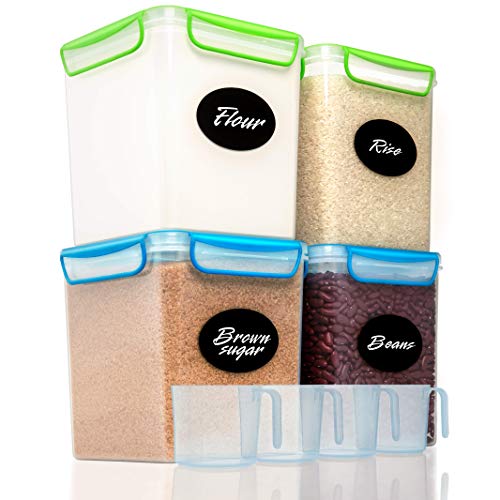 Product Cover 4 Large Airtight Food Storage Containers for Flour, Sugar 142 ounces - Kitchen Pantry Plastic Containers - Air Tight Canisters Set With Locking Lids - 8 Labels, Marker and 4 Measuring Cups by GoodCups