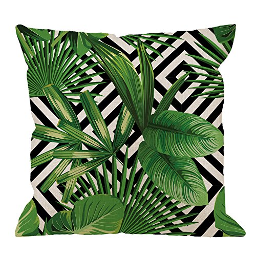 Product Cover HGOD DESIGNS Palm Pillow Case, Summer Exotic Jungle Plant Tropical Palm Leaves on The Geometric Cotton Linen Cushion Cover Square Standard Home Decorative Throw Pillow 18x18 inch White Black Green