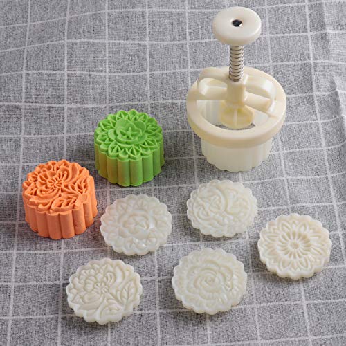 Product Cover 100g 5 Stamps Cookie Stamps Moon Cake Mold, Thickness Adjustable Christmas Cookie Press DIY Decoration Hand Press Cutter Cake Mold