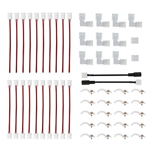 Product Cover 3528 2 Pin LED Strip Connector Kit - 8mm LED Connector Kit Includes 10x LED Strip Light Connector Pigtail, 10x Jumper Connector, 10x L Shape Connectors, 2X DC Connector, 2X Gapless Connectors, Clips