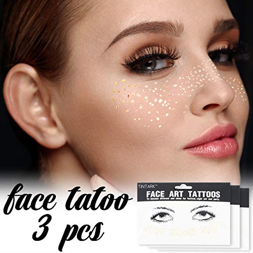 Product Cover LINGPAR 3Sheets Face Tattoo Sticker Metallic Shiny Temporary Water Transfer Tattoo for Professional Make Up Dancer Costume Parties, Shows Gold Glitter (3 Sheets-001)