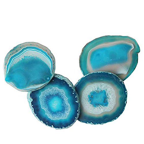 Product Cover Set of 4 Natural Sliced Agate Coaster Cup Mats,Crystal Gemstone Agate Beverage quartz Stone Coasters for Drinks Gift 2.7 Inches - 3.5 Inches (Blue, 2.7''-3.5'')