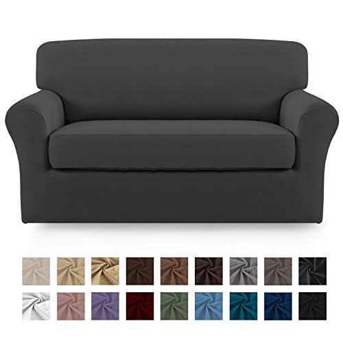 Product Cover Easy-Going 2 Pieces Microfiber Stretch Sofa Slipcover - Spandex Soft Fitted Sofa Couch Cover, Washable Furniture Protector with Elastic Bottom Kids,Pet （Loveseat，Gray）