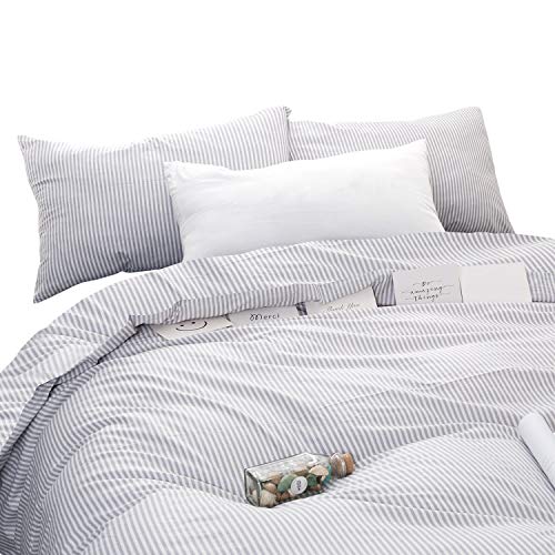 Product Cover Wake In Cloud - Gray White Striped Duvet Cover Set, 100% Cotton Bedding, Grey Vertical Ticking Stripes Pattern Printed on White, with Zipper Closure (3pcs, Full Size)