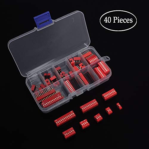 Product Cover Double Row Dip Switch Assorted Kit in Box 1 2 3 4 6 8 10 12 Position 2.54mm PCB Mountable On Off Dip DIL Switch, Pack of 40pcs Slide Type Red Toggle Switch for Circuit, Breadboards, and Arduino