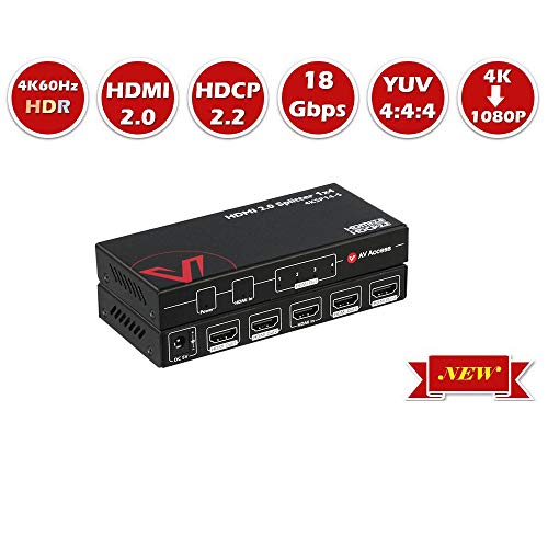 Product Cover UltraHD HDMI 2.0 Splitter 1x4 Mirror Powered Auto Scaling Wall Mount, 4K60Hz YUV444 18Gbps, HDR/Dobly Vision, HDCP2.2, EDID, Low Heat, Cascadable, Upgradate Firmware, ESD Protect 4 Port(1 In to 4 Out)