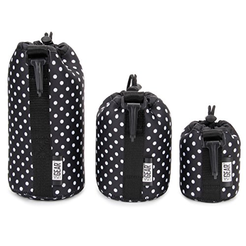 Product Cover USA GEAR FlexARMOR Protective Neoprene Lens Case Pouch Set 3-Pack (Polka Dot) - Small, Medium and Large Cases Hold Lenses up to 70-300mm with Drawstring Opening, Attached Clip, Reinforced Belt Loop