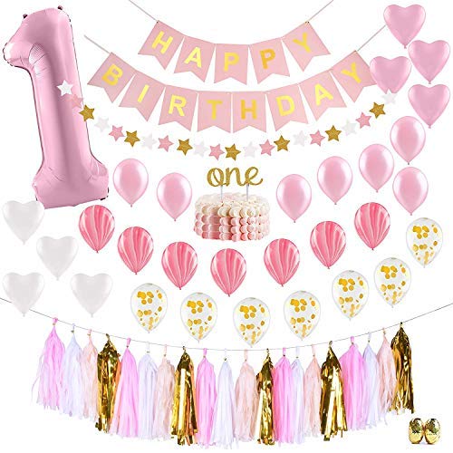 Product Cover PartyHooman First Birthday Decorations Girl | 1st Baby Girl# 1 Balloon, Happy Birthday Banner, 
