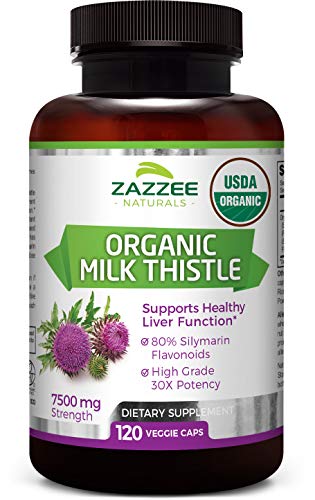 Product Cover Zazzee USDA Organic Milk Thistle Extract Capsules, 120 Count, Vegan, 7500 mg Strength, 80% Silymarin Flavonoids, Potent 30:1 Extract, USDA Certified Organic, Vegan, Non-GMO and All-Natural