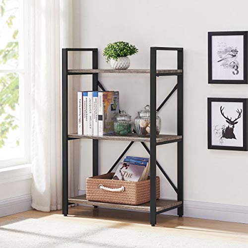 Product Cover BON AUGURE Small Bookshelf and Bookcase, 3 Tier Industrial Shelves for Bedroom, Rustic Etagere Bookcases (Dark Gray Oak)