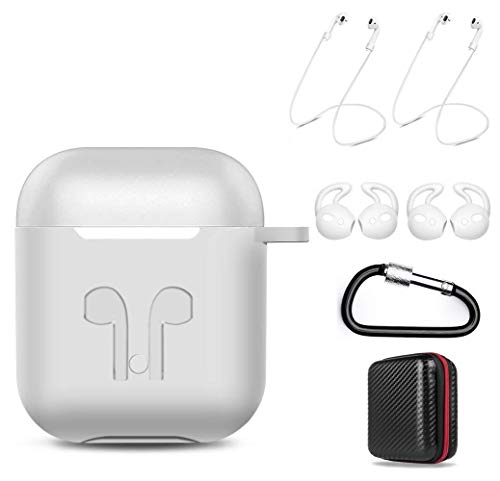 Product Cover amasing AirPods Case 7 in 1 for Airpods 1&2 Accessories Kits Protective Silicone Cover for Airpod Gen1 2 (Front Led Visible) Included 2 Ear Hook /2 Staps/1 Clips Tips Grips/1 Zipper Box White