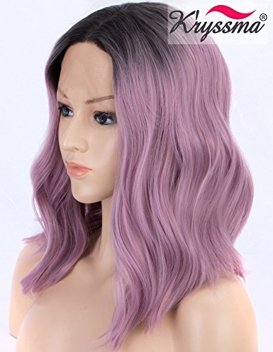 Product Cover K'ryssma K'ryssma Short Bob Lace Front Wig Ombre Purple Synthetic Wig for Women Dark Roots to Ash Purple Wavy wig Heat Resistant