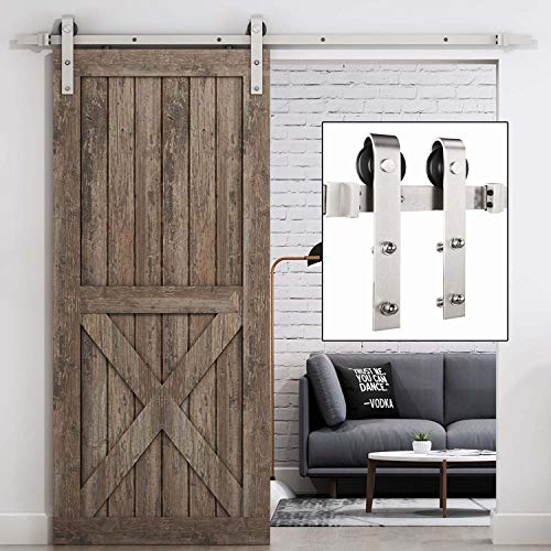 Product Cover EaseLife 8 FT Heavy Duty Brushed Nickle Sliding Barn Door Hardware Track Kit,Modern,Slide Smoothly Quietly,One Piece 8FT Track,Easy Install,Fit 40