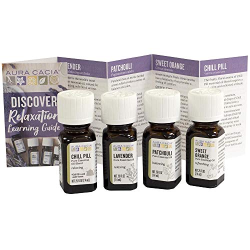 Product Cover Aura Cacia - Discover Relaxation Essential Oils Kit | Pure Essential Oils | Contains Lavender, Patchouli, Sweet Orange and Chill Pill Pure Essential Oils (0.25 fl oz Each) Plus Learning Guide