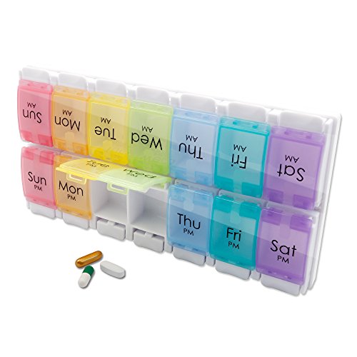 Product Cover Weekly Pill Organizer, Twice-a-Day, Extra Large 7 Day Am/Pm Pill Case for Daily Pill, Vitamin, Fish Oil, Supplement, Push Button Design, Vibrantly Colored Pills Box with Tray