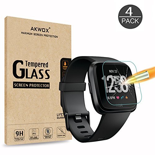 Product Cover AKWOX (4 Pack) Fitbit Versa Tempered Glass Screen Protector, [0.3mm 2.5D High Definition 9H] Premium Clear Screen Protector for Fitbit Versa