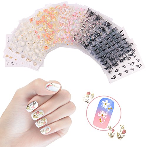 Product Cover NiceDeco 50 Sheets 3D Design Self-adhesive Tip Nail Stickers Nail Art Tattoo Nail Decals DIY Nail Art Decoration Flower/Butterfly/Fishes/Stars/Cat/Halloween Skull/Moustache/Lace