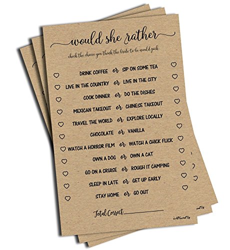 Product Cover Would She Rather Game - Kraft (50-Sheets) Rustic Bridal Wedding Shower or Bachelorette Party Game, Printed Engagement Rehearsal (Large Size Sheets)