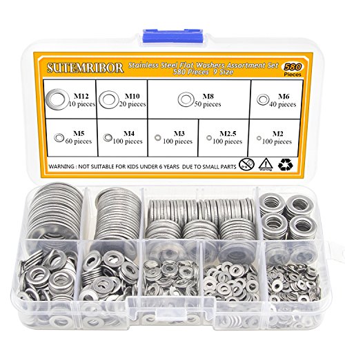 Product Cover Sutemribor 304 Stainless Steel Flat Washers Set 580 Pieces, 9 Sizes - M2 M2.5 M3 M4 M5 M6 M8 M10 M12