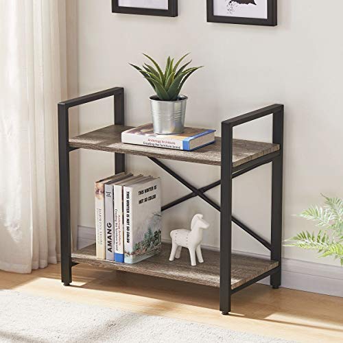 Product Cover BON AUGURE Small Bookshelf for Small Space, 2 Shelf Low Metal Bookcase, Industrial Shelving Unit with Short Shelves (Dark Gray Oak)