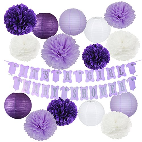 Product Cover Elephant Purple Baby Shower Decorations It's A Girl Baby Shower Banner of Purple and Silver Color with Tissue Pom Poms Girl Baby Birthday Decor Purple Baby Shower Decor