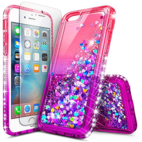 Product Cover NageBee Case for iPhone 8 / iPhone 7 with Tempered Glass Screen Protector for Girls Women Kids, Glitter Liquid Sparkle Bling Floating Waterfall Shockproof Cute Phone Case -Pink/Purple