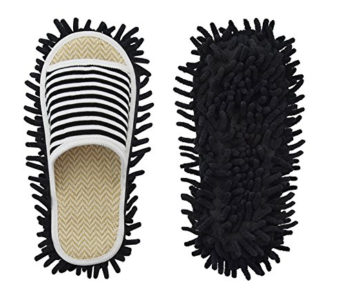 Product Cover Microfiber Slippers Floor Cleaning Mop Men and Women Unisex House Dusting Slippers Floor Cleaning Tool (Stripe black, Women11-13/Men 9-11)