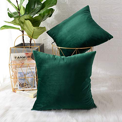 Product Cover MERNETTE New Year/Christmas Decorations Velvet Soft Decorative Square Throw Pillow Cover Cushion Covers Pillowcase, Home Decor for Party/Xmas 18x18 Inch/45x45 cm, Dark Green, Set of 2