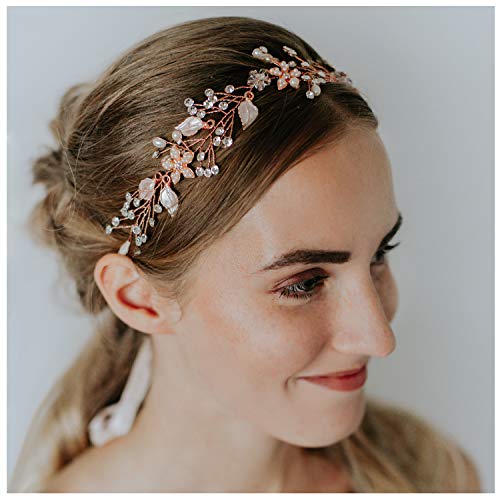 Product Cover SWEETV Rose Gold Wedding Heaband Bohemian Headpiece Crystal Pearl Hair Vine Flower Halo Bridal Hair Accessories