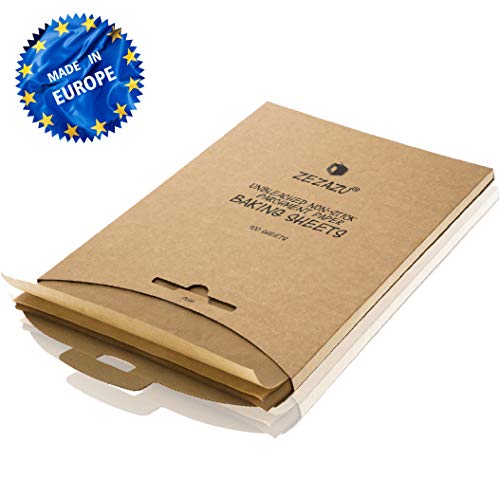 Product Cover ZeZaZu Parchment Paper Sheets for Baking - MADE IN EUROPE - Precut 12x16 inch (100 Sheets) -RECLOSABLE PACK- Exact Fit for Half-Sheet Baking Pans, Unbleached, Non-stick, Dual-Sided Siliconized Coating