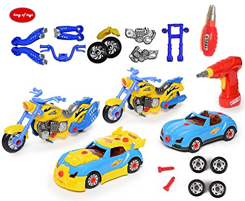 Product Cover King Of Toys World Racing Motorcycle & car Take-A-Part Toy for Kids with 54 Take Apart Pieces, Tool Drill, Lights and Sounds,Special KID'S SAFE Storage Bag to protect from loosing pieces included