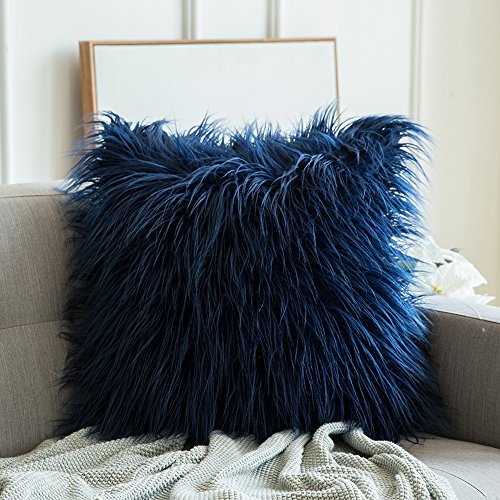Product Cover MIULEE Decorative New Luxury Series Style Dark Blue Faux Fur Throw Pillow Case Cushion Cover for Sofa Bedroom Car 24 x 24 Inch 60 x 60 cm