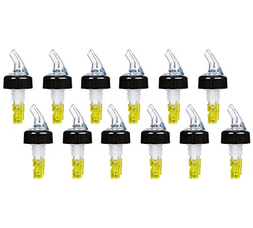 Product Cover (Pack of 12) Measured Liquor Bottle Pourers, 1.5 oz, Clear Spout Bottle Pourer with Yellow Tail and Black Collar, Measured Pour Spouts by Tezzorio