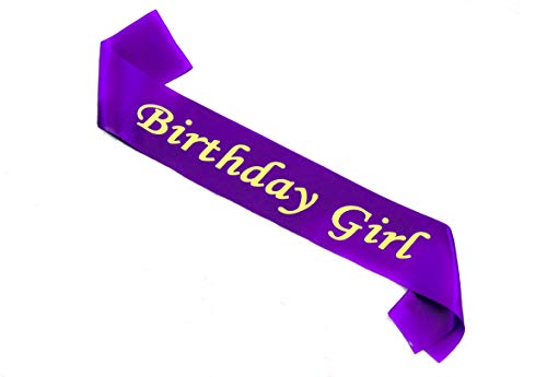 Product Cover Birthday Sash in Satin Purple with Birthday Girl Gold Lettering Decorations for Women and Girls for 16th 18th 21st 30th 40th 50th 60th 70th 80th Happy Party Favor Birthday Outfit