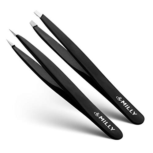 Product Cover By MILLY Black: Tweezers Set | Slant And Pointed Tip | Precision Stainless Steel Tweezers For Eyebrows And Ingrown Hair | Hand-Filed Tips For Ultra Precision | Effortless Plucking | For Me