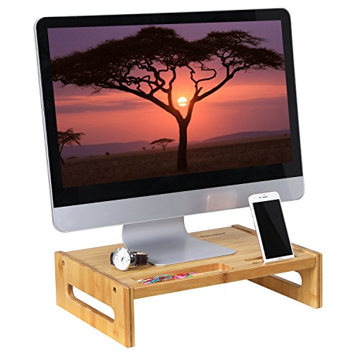 Product Cover SONGMICS Bamboo Monitor Stand Desktop Riser Desk Organizer with Storage Slots for Computer Laptop TV Natural ULLD211N