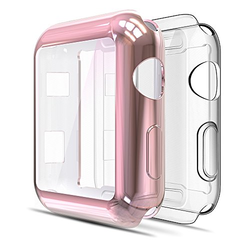 Product Cover Simpeak Soft Screen Protector Bumper Case Compatible with Apple Watch 42mm Series 3 Series 2, Pack of 2, All Around, Clear + Plated Rose Gold