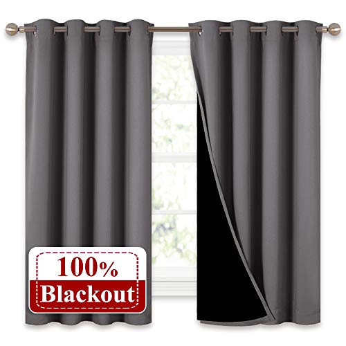 Product Cover NICETOWN 100% Blackout Curtains with Black Liners, Thermal Insulated Full Blackout 2-Layer Lined Drapes, Energy Efficiency Window Draperies for Bedroom (Grey, 2 Panels, 52-inch W by 63-inch L)