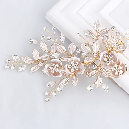Product Cover SWEETV Light Rose Gold Wedding Clip Rhinestone Bridal Comb Barrette - Handmade Flower Clip Head Pieces for Women