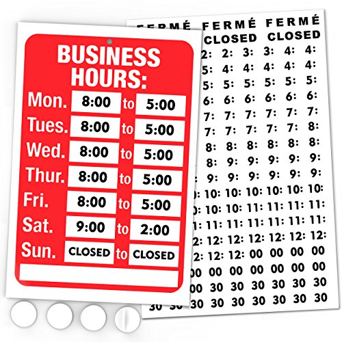 Product Cover Open Signs, Business Hours Sign Kit - Bright Red and White Colors - Includes 4 Double Sided Adhesive Pads and a Black Vinyl Number Sticker Set - Ideal Signs for Any Business, Store or Office