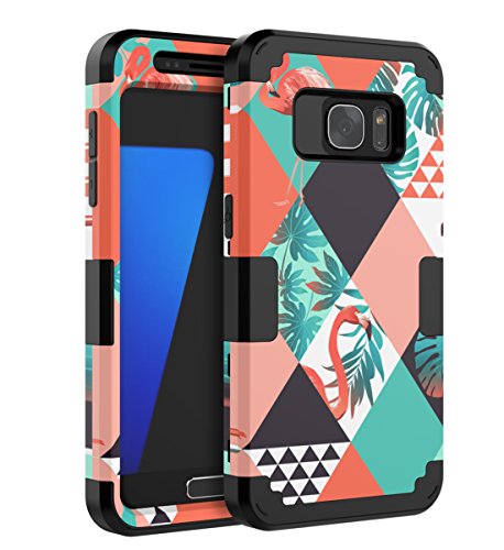 Product Cover QBcase Samsung Galaxy S7 Case,Three Layer Flamingos tropical Design Shockproof Flexible Soft Inner TPU Cover Anti-Scratch For Girls Women Men Kids Protective Case Cover For Samsung Galaxy S7 Case