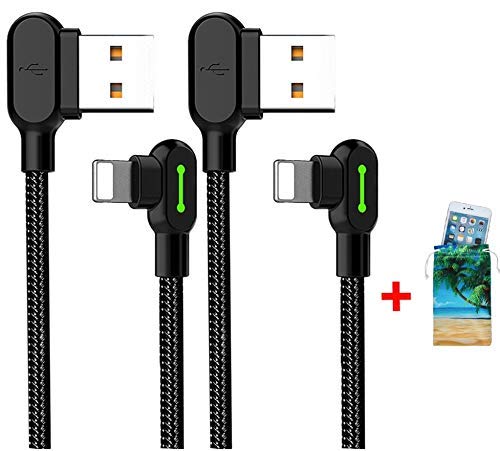 Product Cover (2 Pack + iPhone Bag) USB 90 Degree Right Angle Design Gaming iPhone LED Nylon Braided Sync Charge New USB Reversible Data 6FT/1.8M Cable Compatible iPhone/iPad Pro/Air,iPad Mini,iPod (6FT Black)