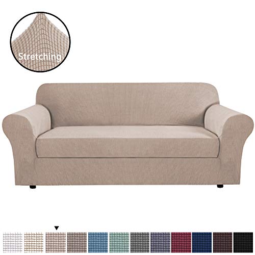 Product Cover H.VERSAILTEX 2 Pieces Sofa Cover Sofa Slipcover Furniture Cover/Protector High Stretch Modern Spandex Lycra Jacquard Stylish Sofa Covers for Living Room Machine Washable - Sofa Large Size - Khaki