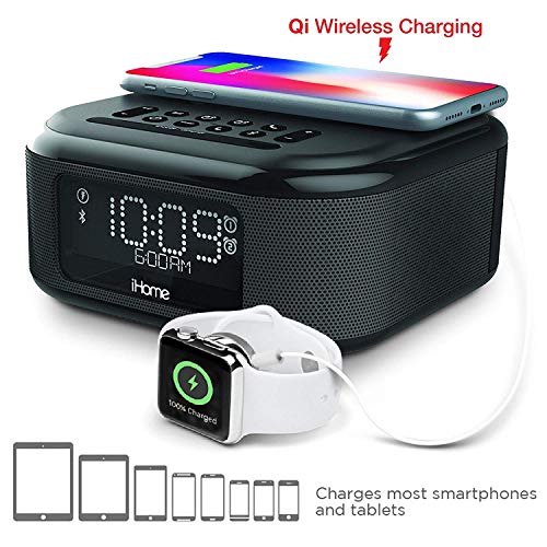 Product Cover iHome iBTW23 Wireless Charging Bluetooth Alarm Clock with Speakerphone & USB Charging Port for iPhone X 8/8Plus & More