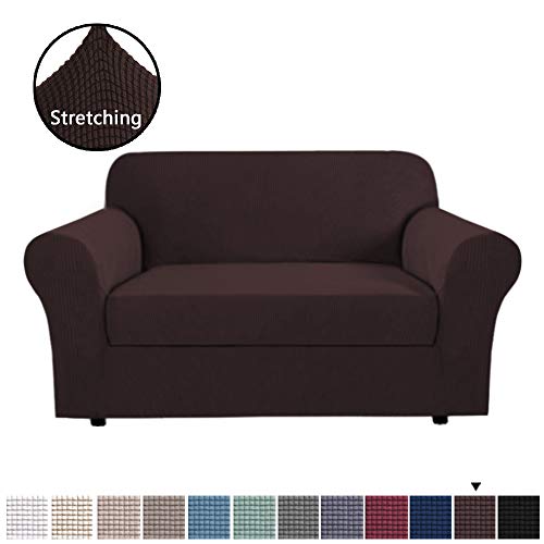 Product Cover H.VERSAILTEX 2 Separate Pieces Stretching Loveseat Slipcover/Furniture Cover Loveseat, Thick and Durable Lycra Jacquard Loveseat Covers for Living Room, Easy to Put on (Loveseat, Brown)