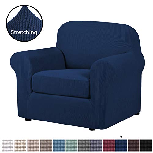 Product Cover H.VERSAILTEX High Stretch 2-Piece Armchair Cover/Sofa Chair Covers/Slipcover Furniture Protector for Chairs, Made of Rich Textured Lycra Small Checks Knitted Jacquard Fabric (Chair, Navy)